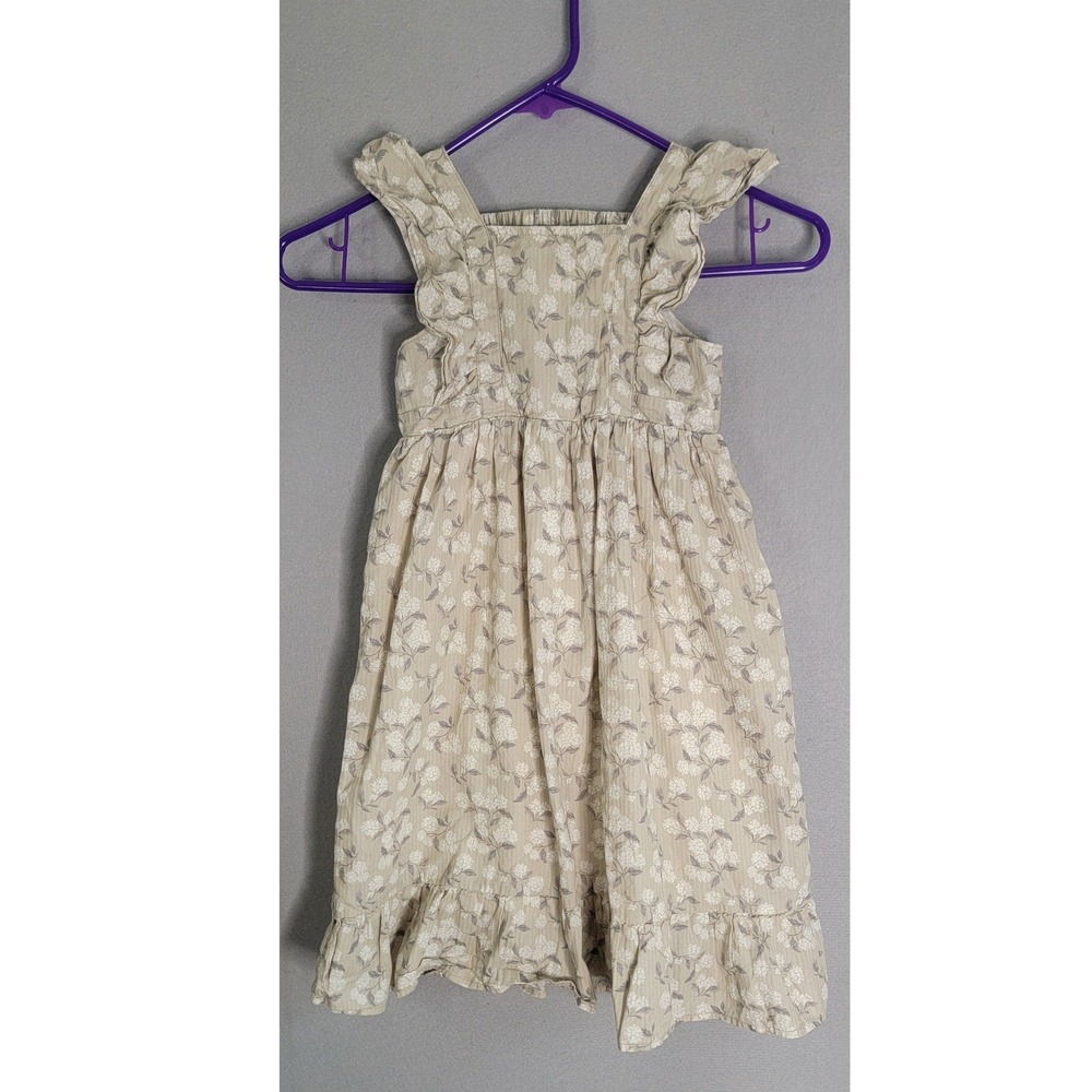 Noralee Floral Dress 4 Tan Grey Ruffle Strap Cotton Lined Girls Prairie Boho
